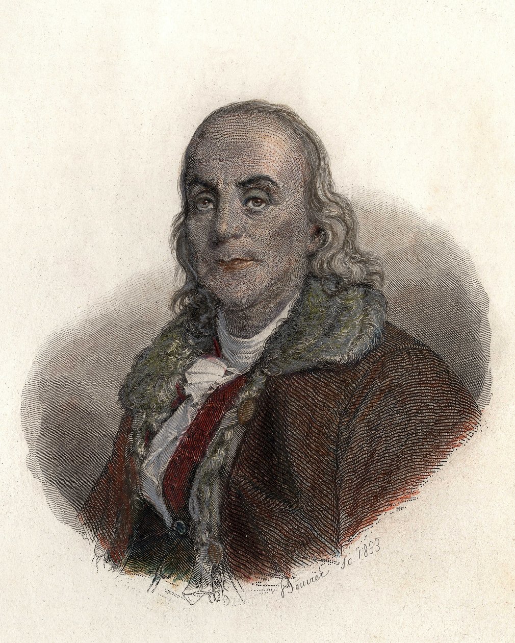 Portrét Benjamina Franklina (1706-1790), amerického fyzika, filozofa a politika. v „Užitečné portréty Hommes“ od French School