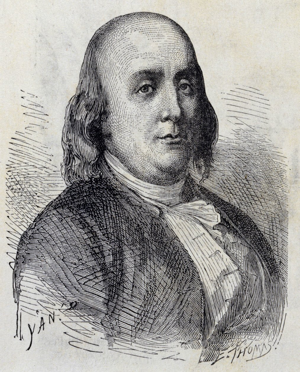 Portrét Benjamina Franklina (1706 - 1790), amerického politika, památníka, pamfleta a fyzika - v „“ Album of Science; proslulí učenci; Velké objevy””” 1896. od French School