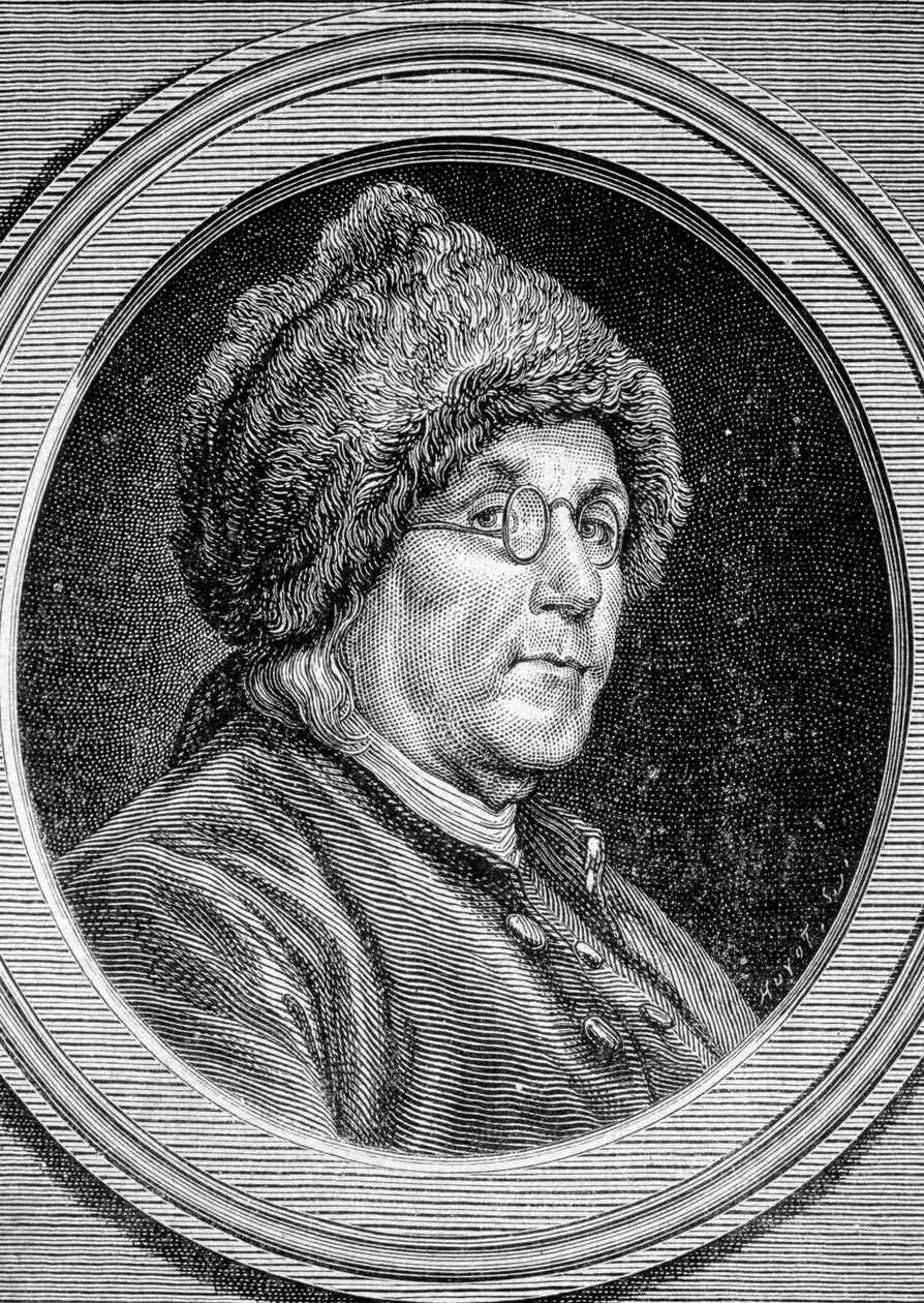 Portrét Benjamina Franklina (1706 - 1790), politika, památníka, pamfleta a amerického fyzika - v „“ Album de la Science; proslulí učenci; Velké objevy “”” 1896. od French School