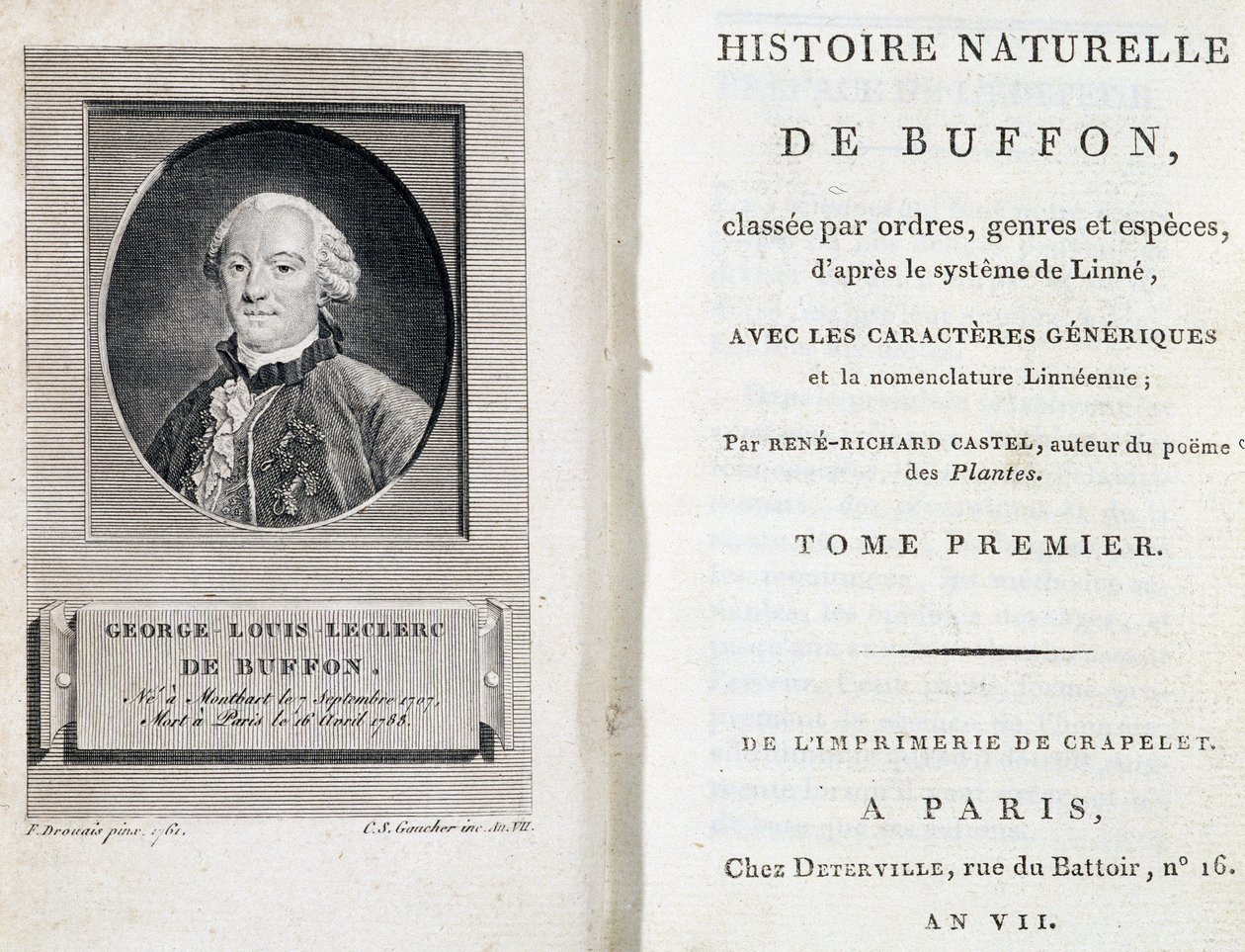 Buffonův portrét a titulní list "Buffonova přírodopisu" s rozdělením podle řádů, rodů a druhů podle Linného systému od French School