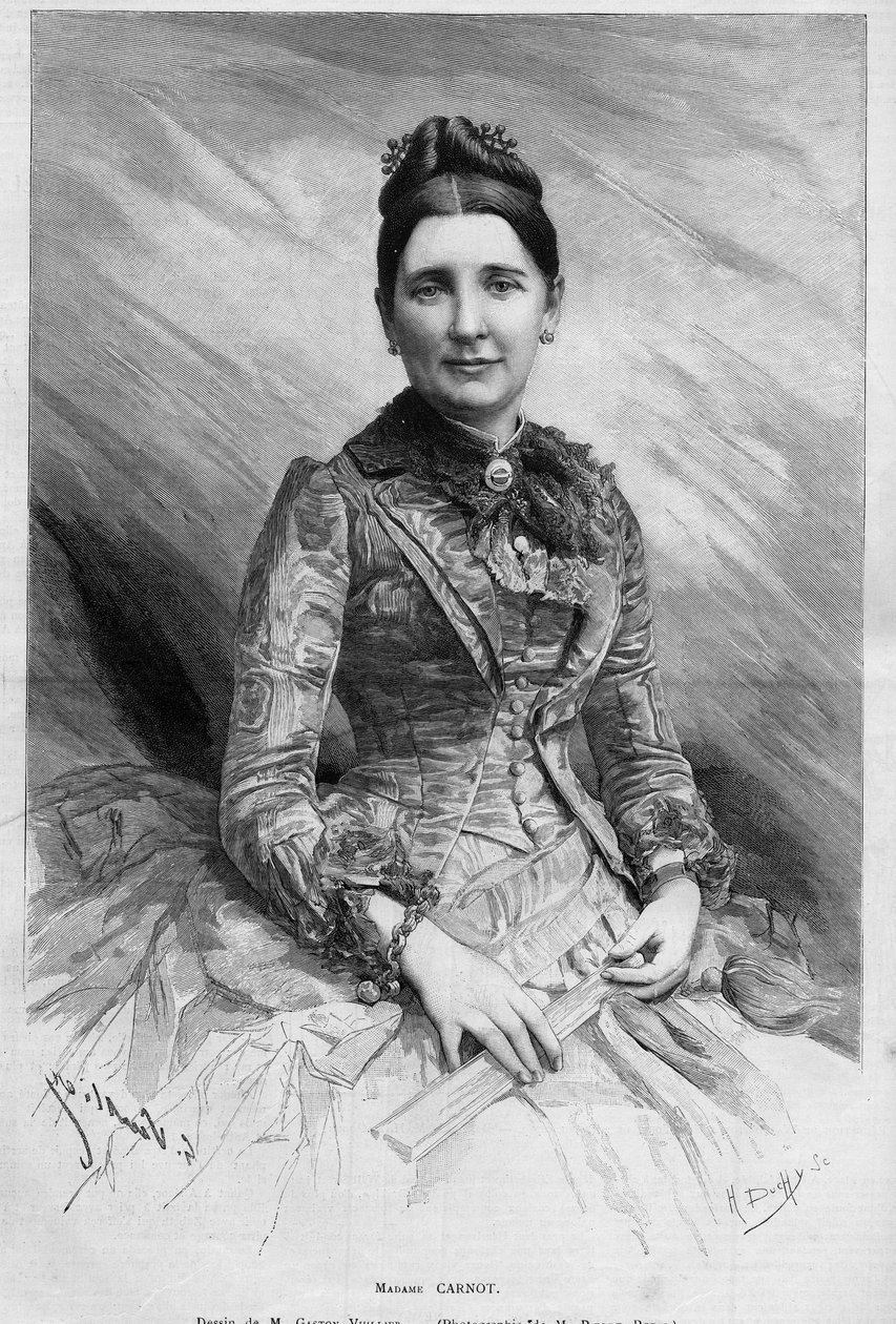 Portrét Cecile Carnotové (rozené Dupont-White nebo Dupont White) (1841-1898), manželky Sadiho Carnota, prezidenta Francouzské republiky. Rytina v „“ Le Monde Illustré““ č. 1678 z 25. května 1889. od French School