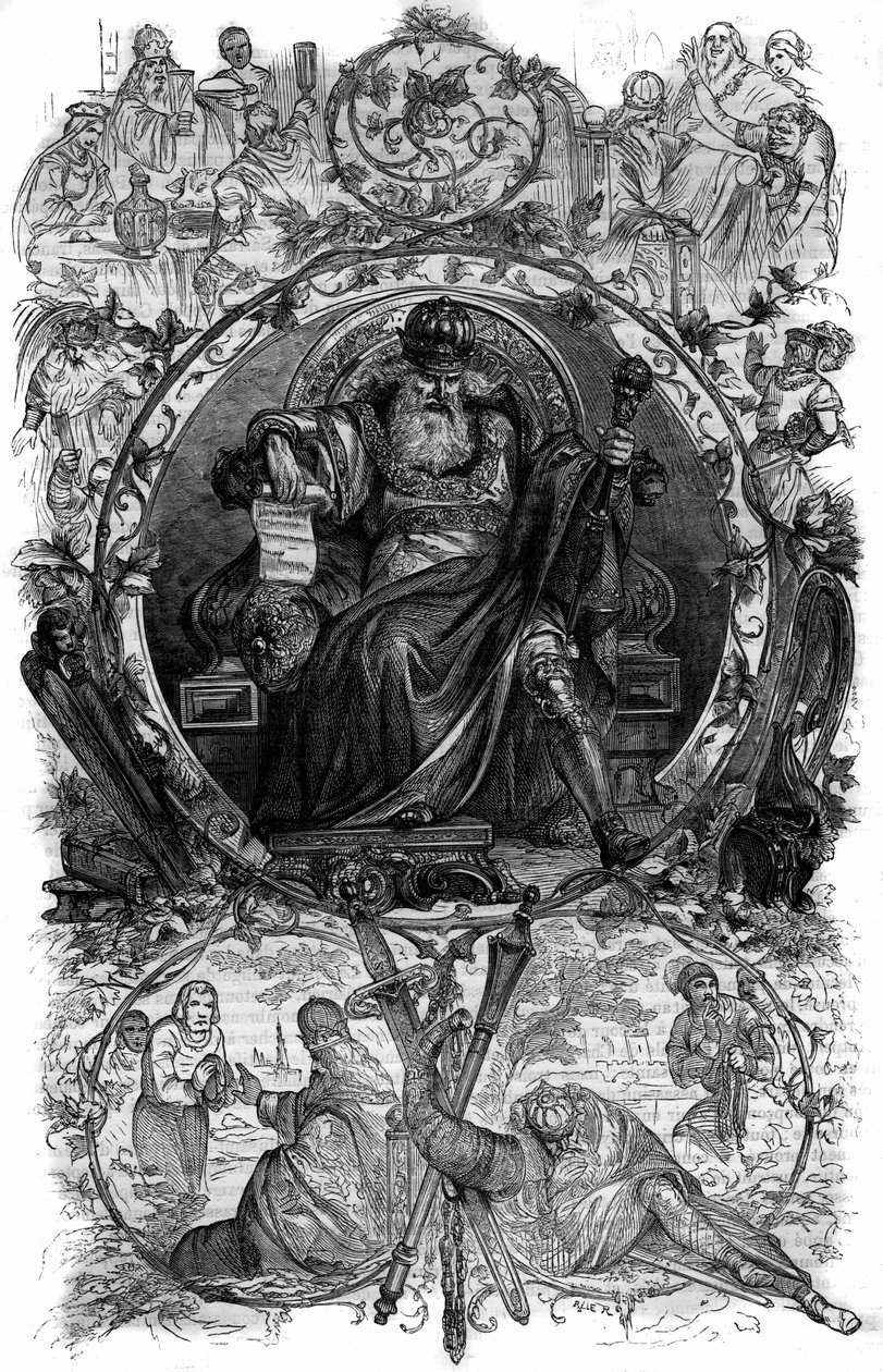 Portrét Karla Velikého (Karel I. známý jako Karel Veliký, 742-814). Rytina v „Historie papežů-králů-královen a císařů v průběhu staletí““ od Maurice Lachatre od French School