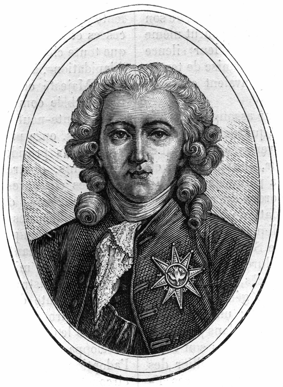 Portrét Charlese Alexandre de Calonne, francouzský politik za Ludvíka XVI. (1734-1802), finanční kontrolor. Rytina v „Historie papežů-králů-královen a císařů v průběhu staletí““ od Maurice Lachatre od French School