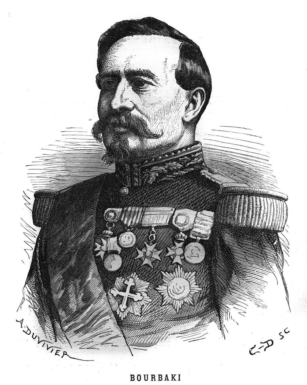 Portrét Charlese Denise Bourbakiho (1816-1897), francouzského důstojníka. Rytina v „Les Illustrations De L