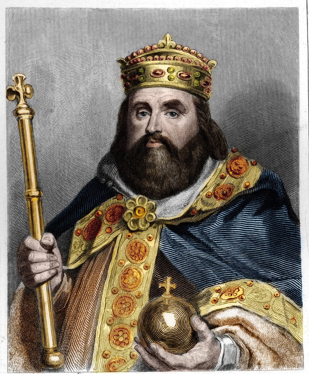 Portrét Karla III. 3 Velkého (839-888) císaře Západu (881 - 887) a francouzského regenta (884 - 887) - v „Histoire des Francais“ od Lavallee, rytina, sd. od French School