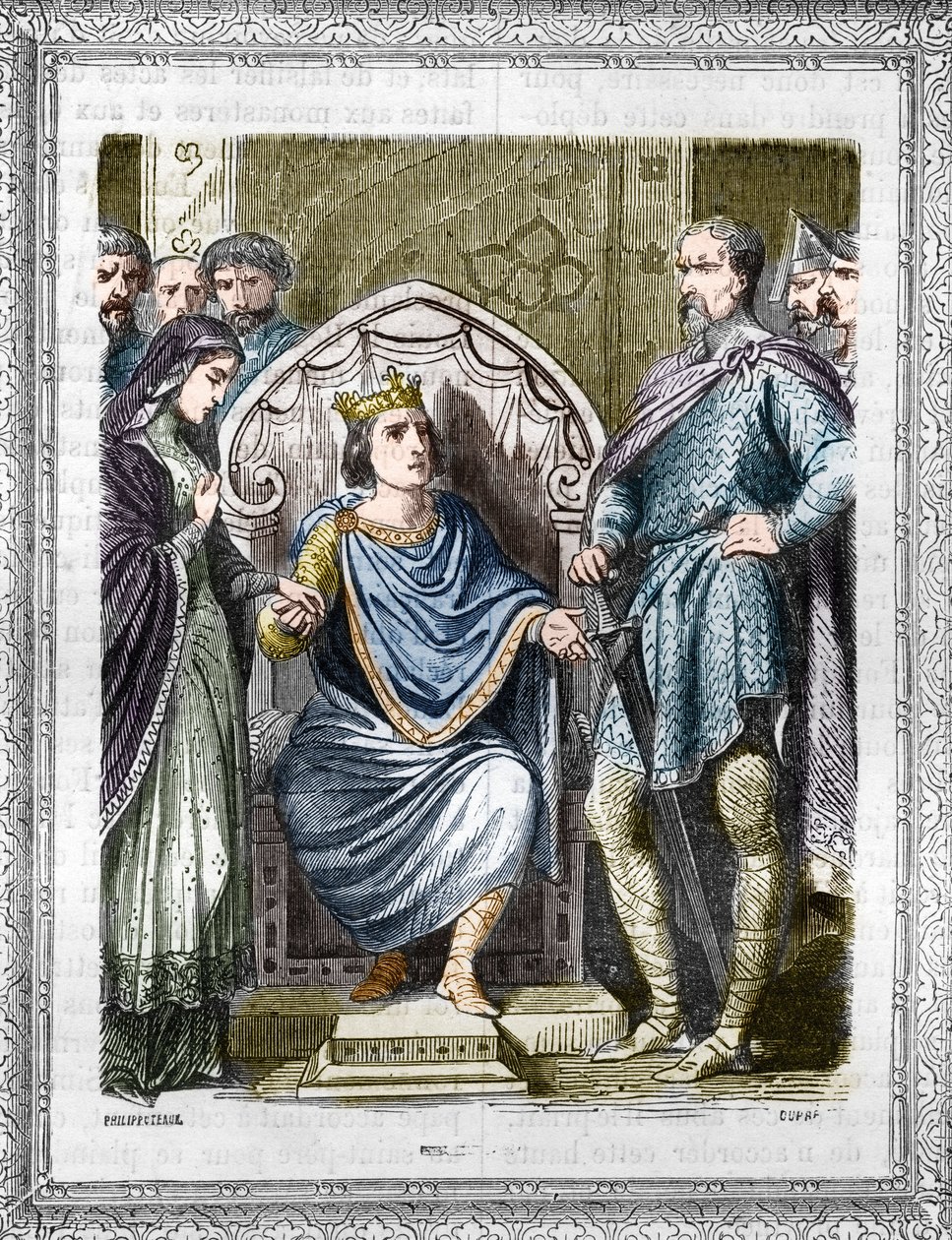 Portrét Karla III., zvaného Jednoduchý (879-929). Rytina v „Historie papežů-králů-královen a císařů v průběhu staletí““ od Maurice Lachatre od French School