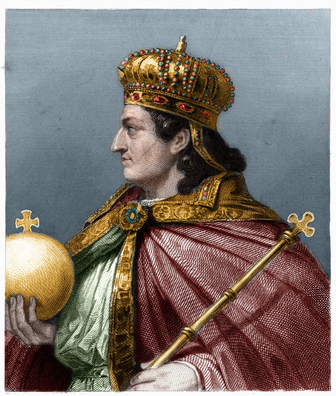 Portrét Childeberta II. (v. 570 - 596), krále Austrasie - v „Histoire des Francais““ od Lavallee, rytina, sd. od French School