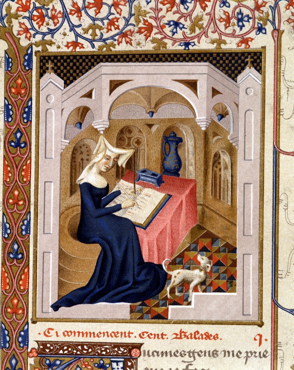 Portrét Christine de Pisan (nebo Pisan) psaní - miniatura od French School