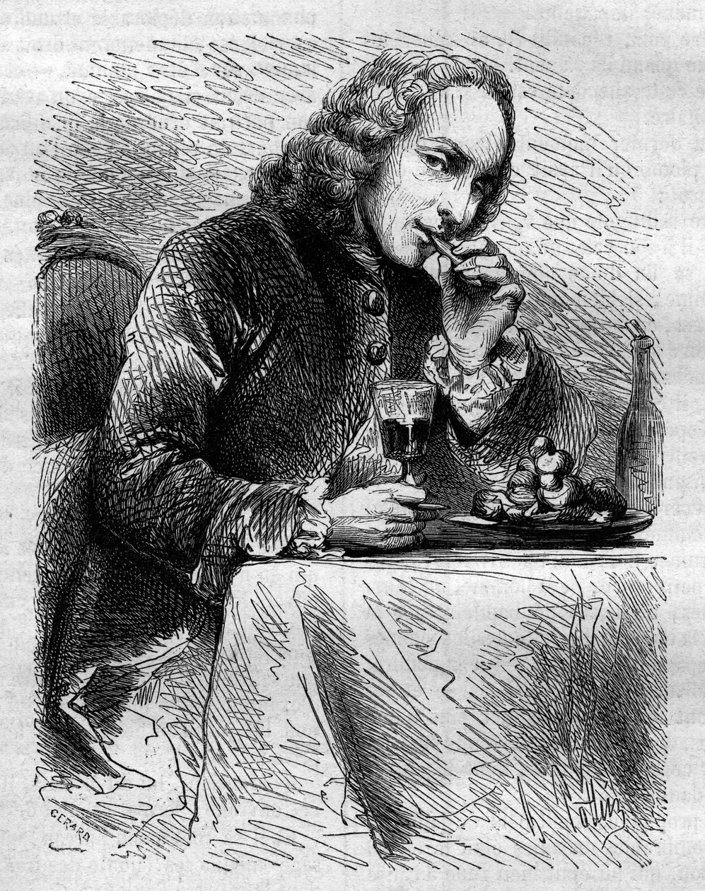 Portrét Clauda Henriho de Fusee de Voisenon (1708-1775), francouzského kostelníka, básníka a dramatika, zastoupeného cukrářem z Cauterets. Rytina z roku 1858. od French School