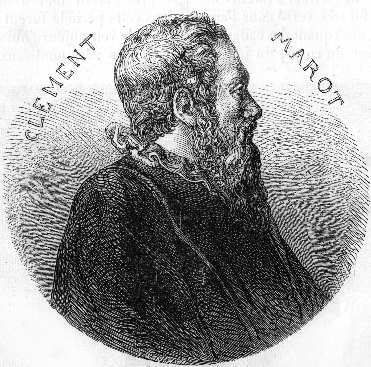 Portrét Clementa des Marets dit Marot (1496-1544), básníka. V ""Populární historie Francie"", nd. kolem 1885. Rytina. od French School
