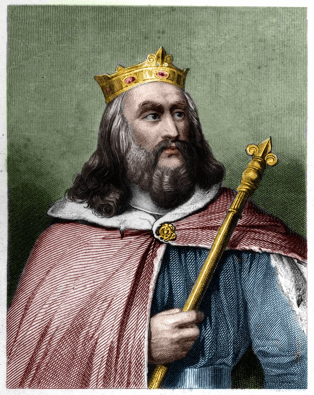 Portrét Clotaire (Clothaire) II (584 - 628), krále Neustrije a krále franků - v „“ Histoire des Francais““ od Lavallee, rytina, sd. od French School