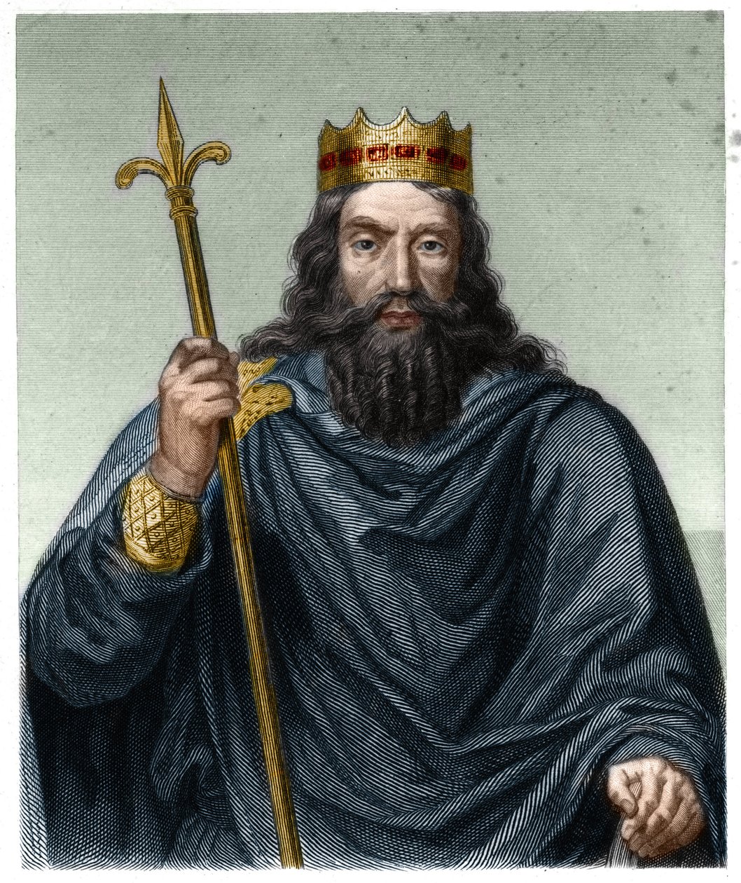 Portrét Chlodvíka I. (v. 466 - 511), krále franků - v „Histoire des Francais““ od Lavallee, rytina, sd. od French School