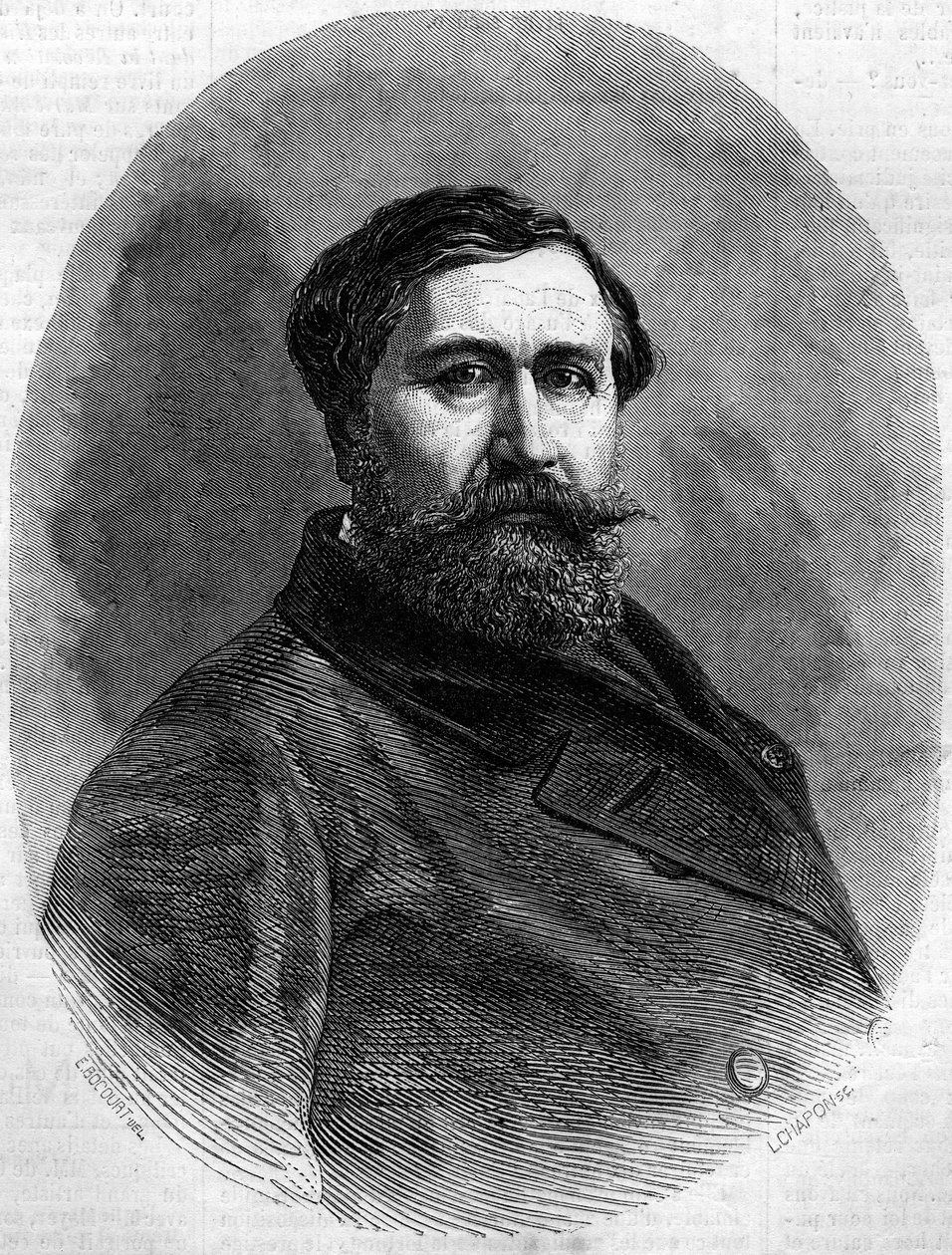 Portrét hraběte Alfreda Emiliena de Nieuwerkerke (1811-1892), francouzského sochaře a vysokého úředníka. Rytina v „“ Le Monde Illustré““ č. 212 ze 4. května 1861. od French School