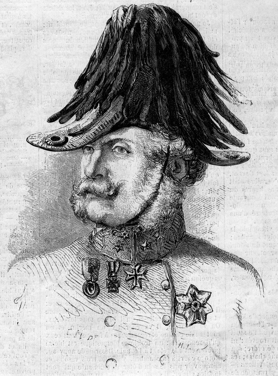 Portrét hraběte Ferencze Gyulaie (1797-1868), feldského generálporučíka velícího rakouským jednotkám v lombardských provinciích. Rytina v „“ Le Monde Illustré““ č. 107 z 30. dubna od French School