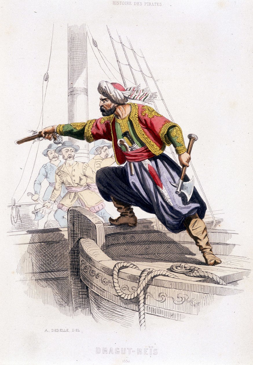 Portrét Draguta - Reïse, tureckého piráta 16. století - v „“Historie pirátů a korzárů oceánu a Středozemního moře”” od P. Christiana, Paris, D. Cavaillés ed., Tome 1 od French School