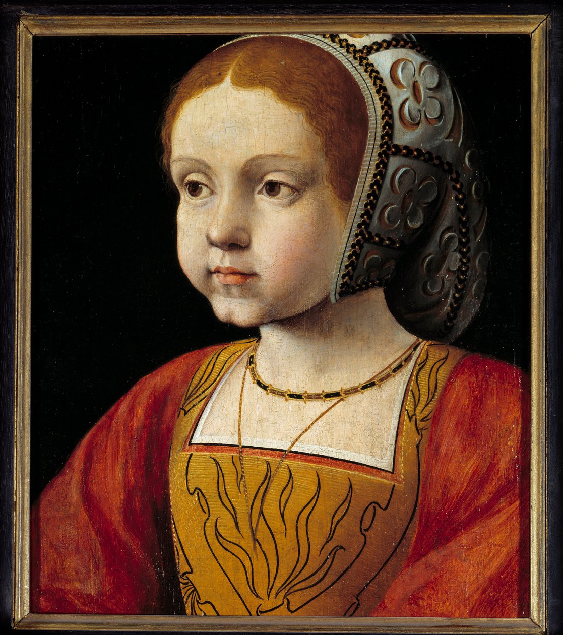 Portrét dítěte Eleonory Habsburské, portugalské a poté francouzské královny (1498-1558) Obraz Francouzské školy. Slunce 16. století. 0,3x0,23 m versailles, muzeum zámku od French School