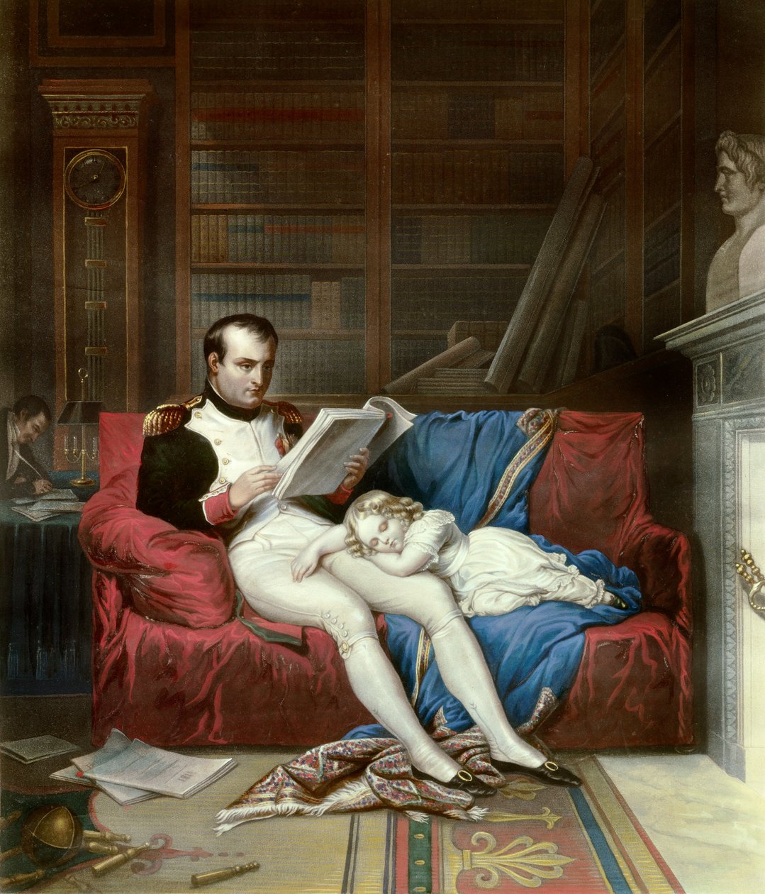 Portrét císaře Napoleona I. (1769-1821) a jeho syna římského krále Napoleona II., vévody říšského (1811-1832), který mu spí na klíně. Rytina z 19. století Malmaison, musee du chateau od French School