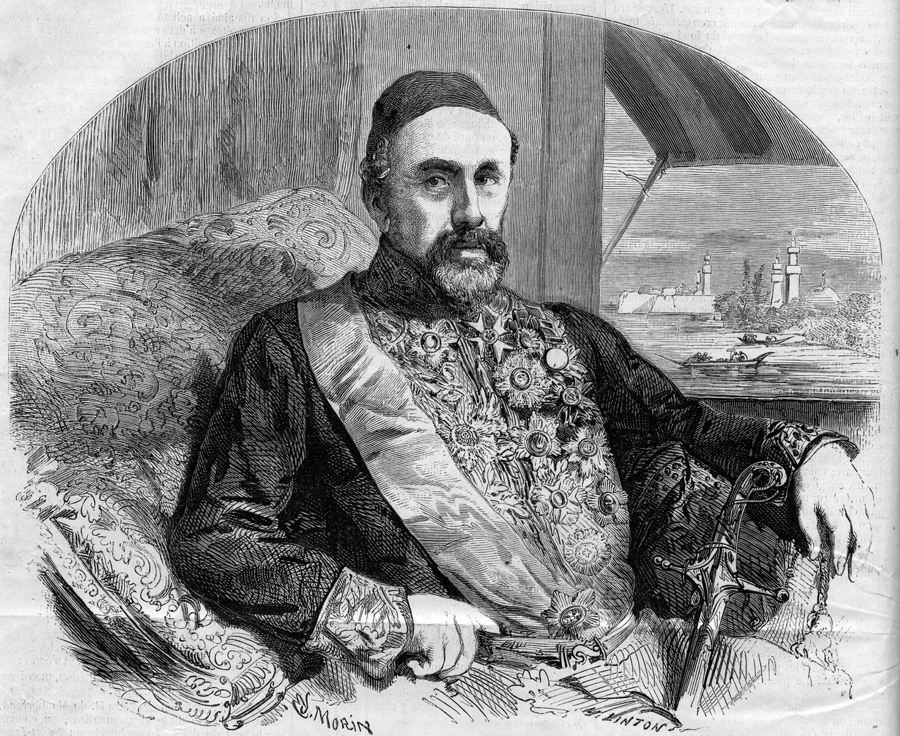 Portrét Fouad (Fuad) Pasha (1815-1869), turecký politik a velvyslanec. Rytina od Morina v „“The Illustrous World”” č. 65 z 10. července od French School