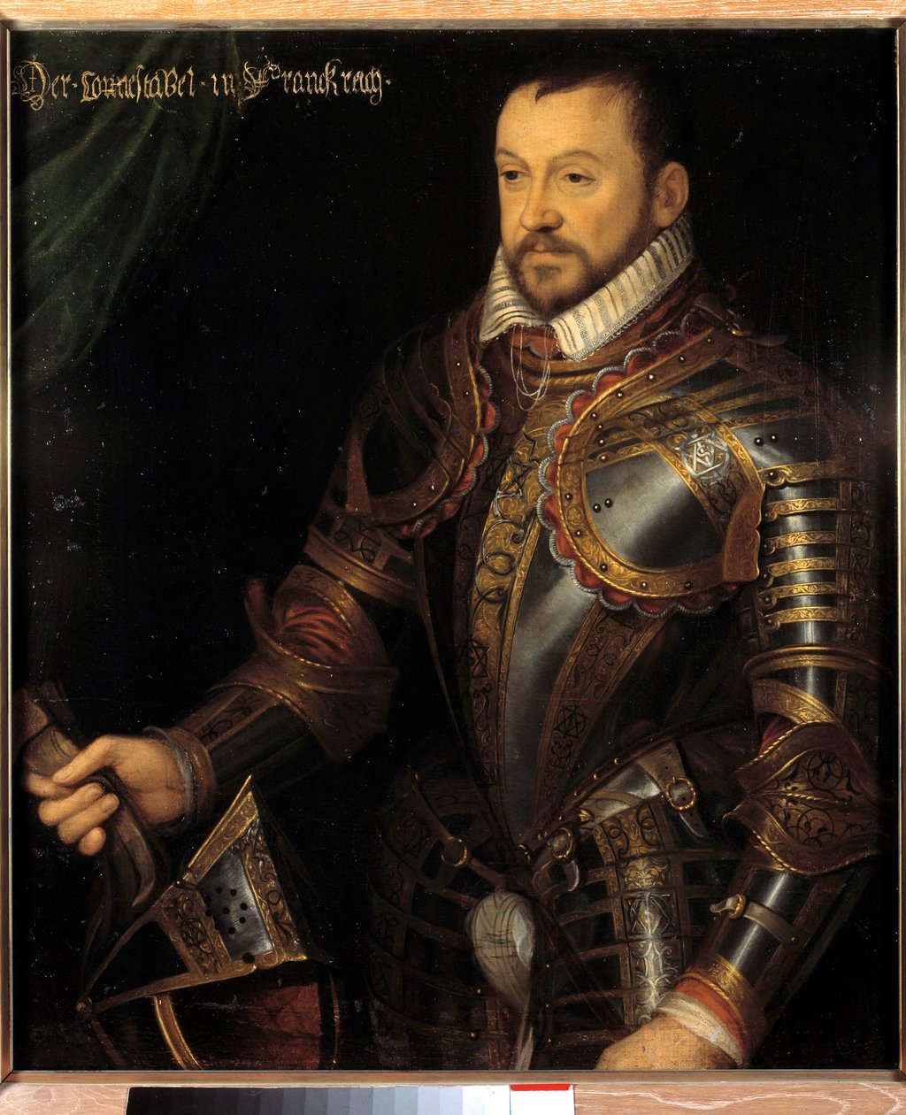 Portrét Františka I., vévody z Montmorency, francouzského marechala (1530-1579) v brnění s vyrytým monogramem jeho a jeho manželky Diane de France Malba francouzské školy 16. století. Ztlumit. 0,87x0,74 m. Versailles, Chateaux de Versailles et od French School