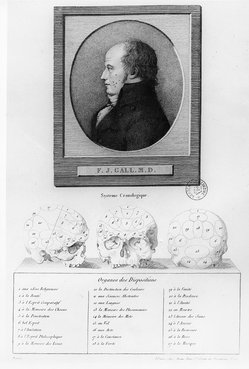 Portrét Franze Josefa Galla (1578-1829) a ilustrace kraniologického systému od French School