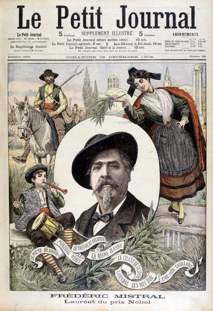 Portrét Frédérica Mistrala, obklopený provensálskými postavami (strážce, oheň a Mireille) - v „Le Petit journal“ z 28.12.1904 (rytina) od French School