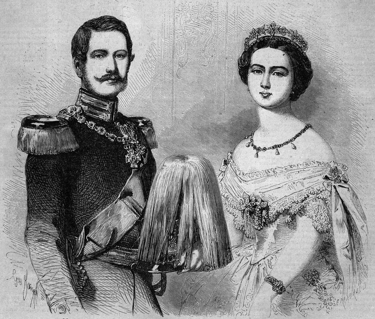 Portrét Fridricha Guilllauma Pruského (1831-1888, budoucího Fridricha III., pruského krále a německého císaře) a jeho snoubenky, anglické princezny Viktorie (1840-1901). Rytina v „“ Le Monde Illustré““ č. 41 z 23. ledna 1858. od French School