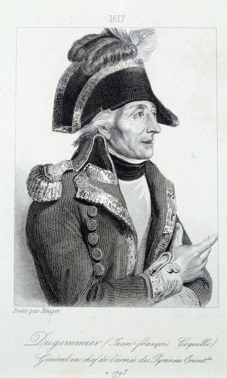 Portrét generála Dugommiera (1738-1794), velitele národních stráží na Martiniku v roce 1790 Rytina Chartres musee des Beaux Arts z 19. století od French School