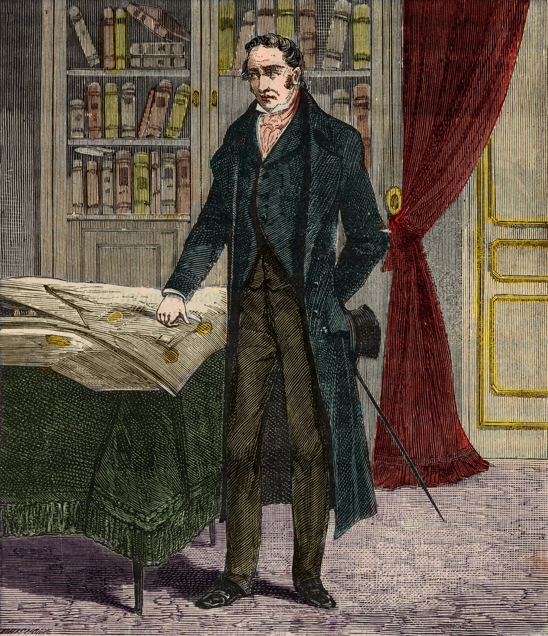 Portrét George Stephensona (1781-1848), britského inženýra a průkopníka železničních lokomotiv - Rytina do „“Vědy na dosah všech – Populární fyzika a chemie“ od Alexise Clerca – Konec 19. století – Soukromá sbírka od French School