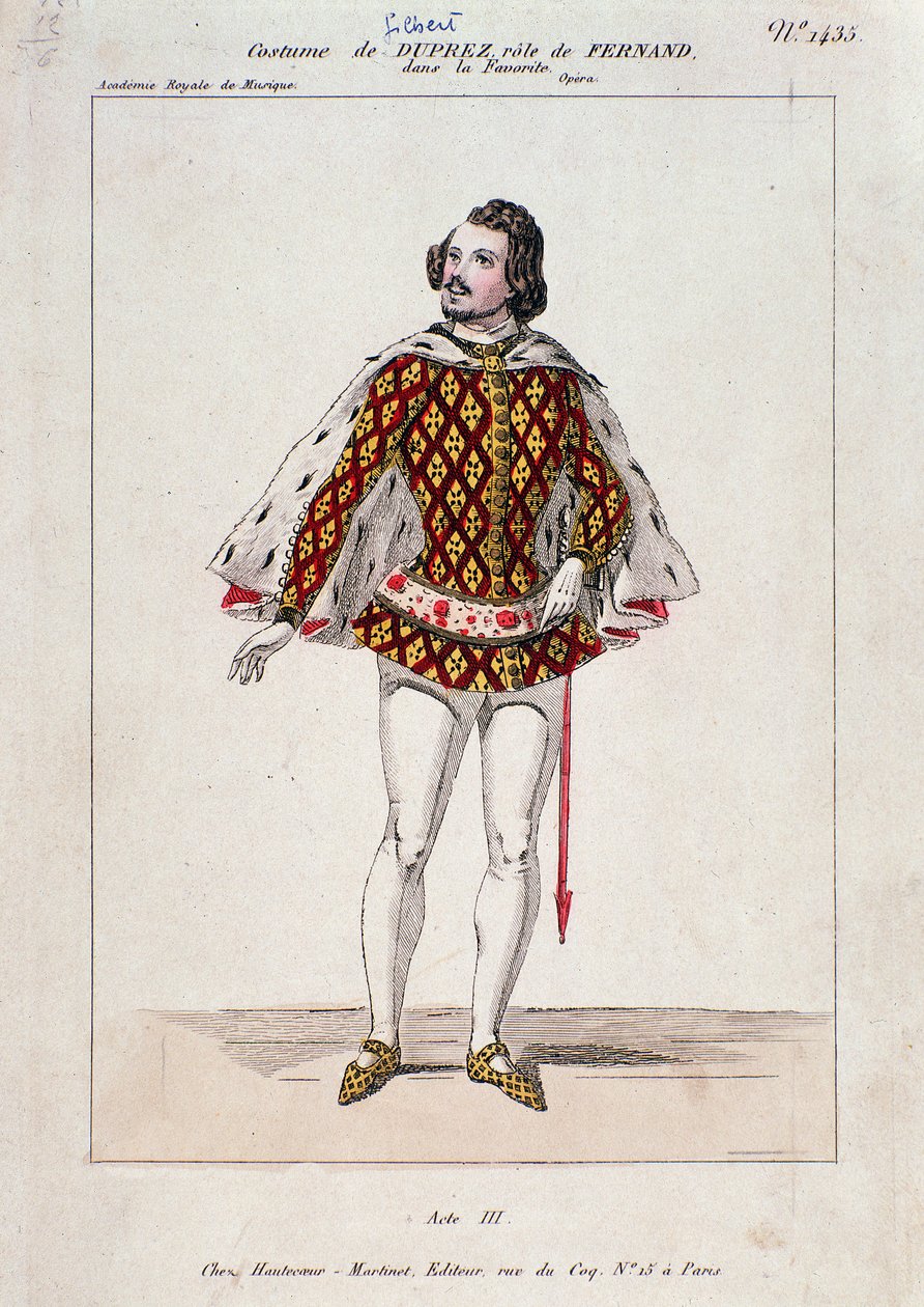 Portrét Gilberta Dupreze, francouzského tenoristy a skladatele v „La Favorite“ od Gaetana Donizettiho (barevná rytina) od French School
