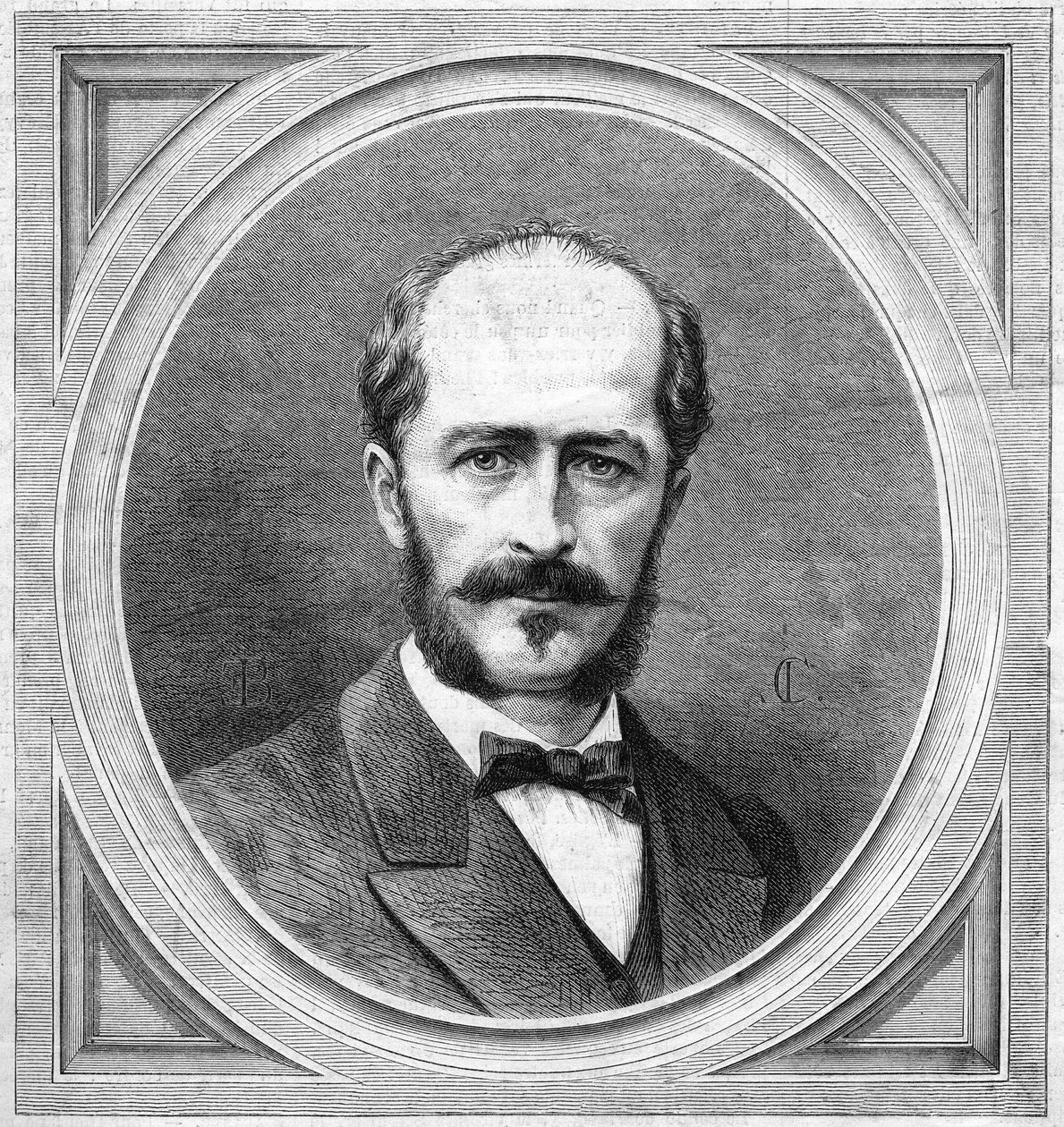Portrét Gustava Lamberta (1824-1871), francouzského hydrografa a průzkumníka, autora projektu expedice na severní pól. Rytina v „“ Le Monde Illustré““ č. 771 z 20. ledna od French School