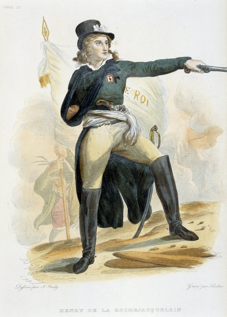 Portrét Henriho du Vergier, hraběte z La Rochejaquelein (nebo Sadu La Rochejacquelein) (1772-1794) s vlajkou „žij král“ (na hrudi insignie Vendeenů) - v „Le Plutarque Français““ od Mennechet, svazek 8 1841 od French School