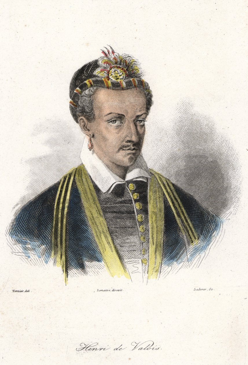 Portrét Jindřicha III. (1551 - 1589), francouzského krále. (s náušnicí). Rytina 19. století. od French School