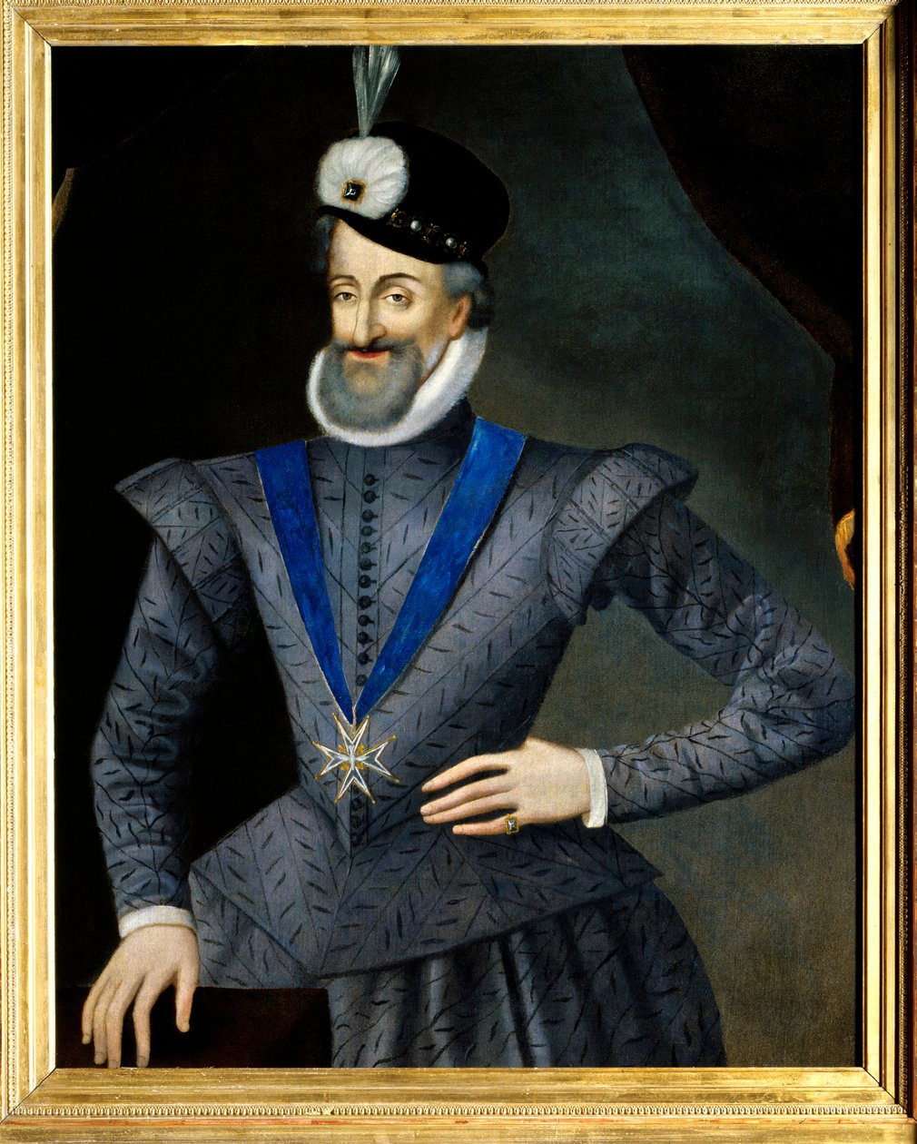 Portrét francouzského krále Jindřicha IV. (1553-1610). Má na náhrdelníku insignie Řádu Ducha svatého (Řád Ducha svatého). Anonymní francouzské malířství 17. století. Olej na plátně. Rozměr: 0,95 x 1,13 m. Povinná zmínka: Sully sur Loi od French School