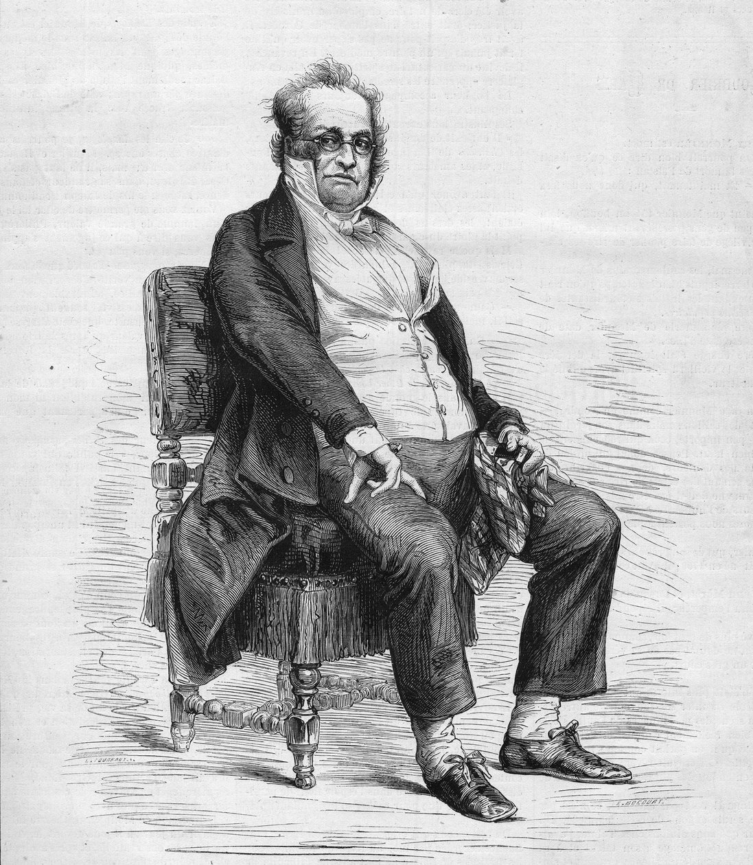 Portrét Henryho Monniera (1799-1877), francouzského dramatika, karikaturisty a komika. Je oblečený jako „Monsieur Prudhomme“, postava vynalezená Monnierem, karikatura francouzské buržoazie v 19. století. Gravírování v „“ Le Monde Illustré““ č. 1031 of od French School