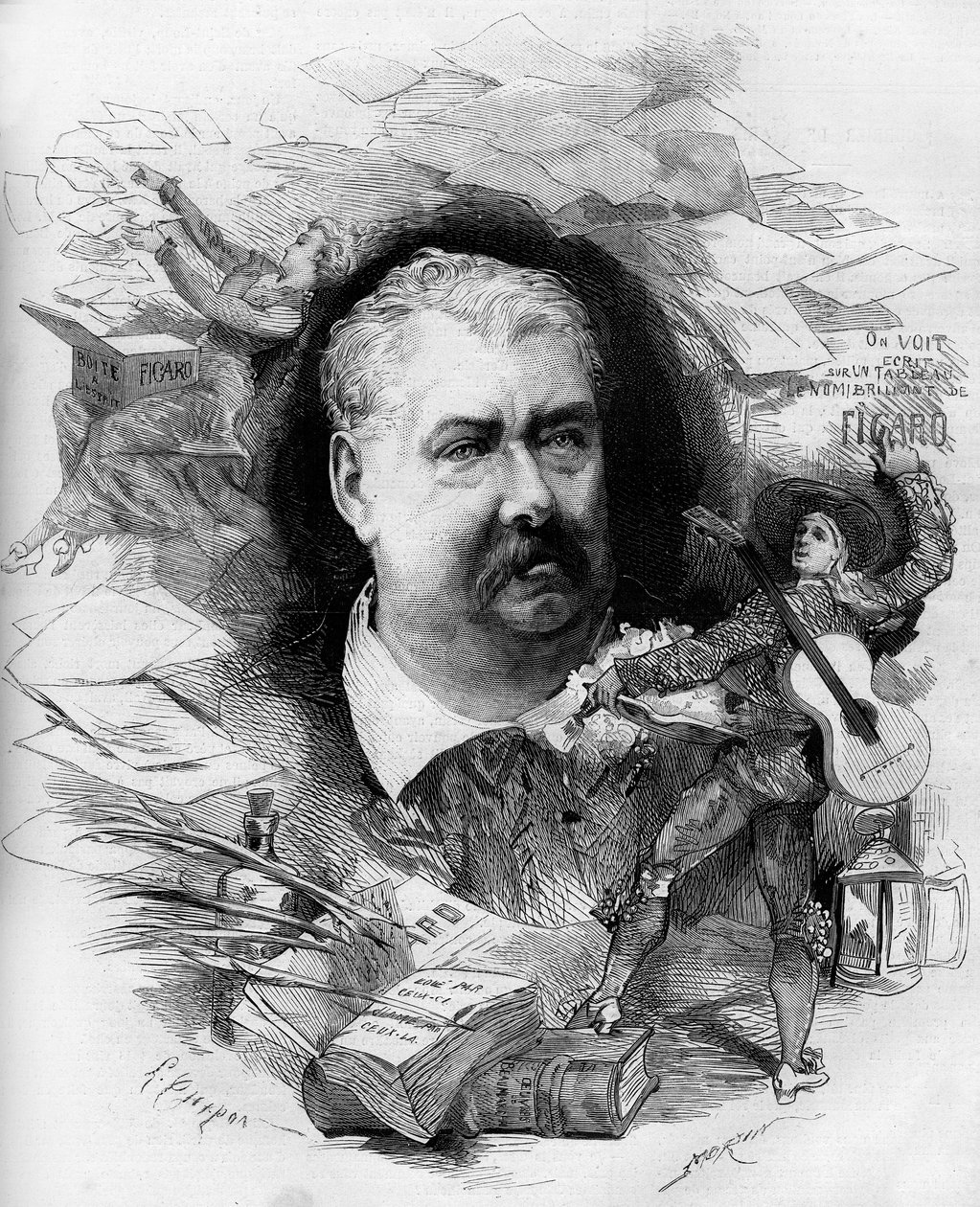 Portrét Hippolyte de Villemessant (1810-1879), francouzský novinář, zakladatel „Figaro“. Rytina v „“ Le Monde Illustré““ č. 1151 z 19. dubna 1879. od French School