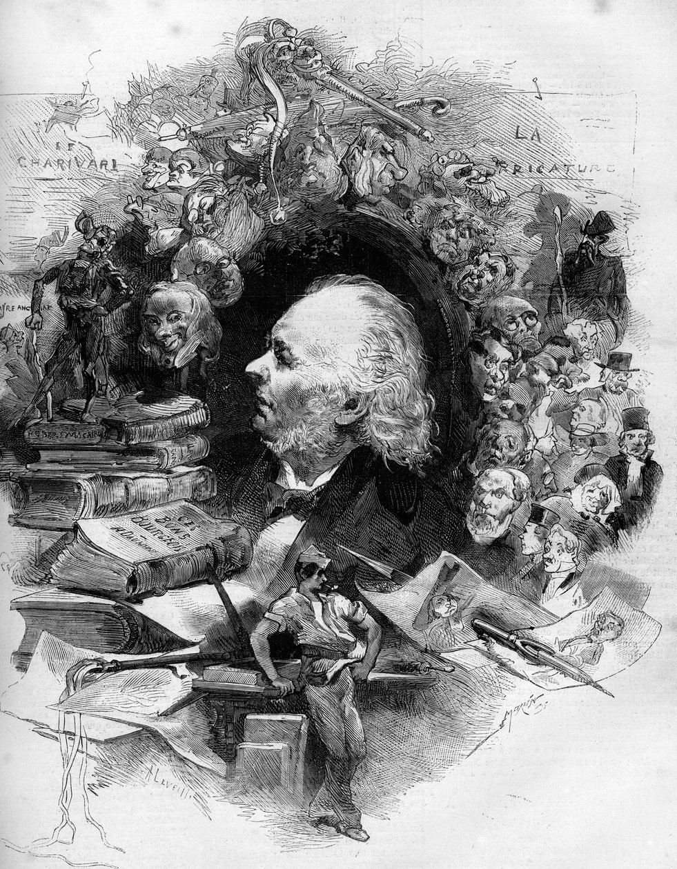 Portrét Honore Daumiera (1808-1879), francouzského kreslíře, malíře a karikaturisty. Rytina v „“ Le Monde Illustré““ č. 1143 z 22. února od French School