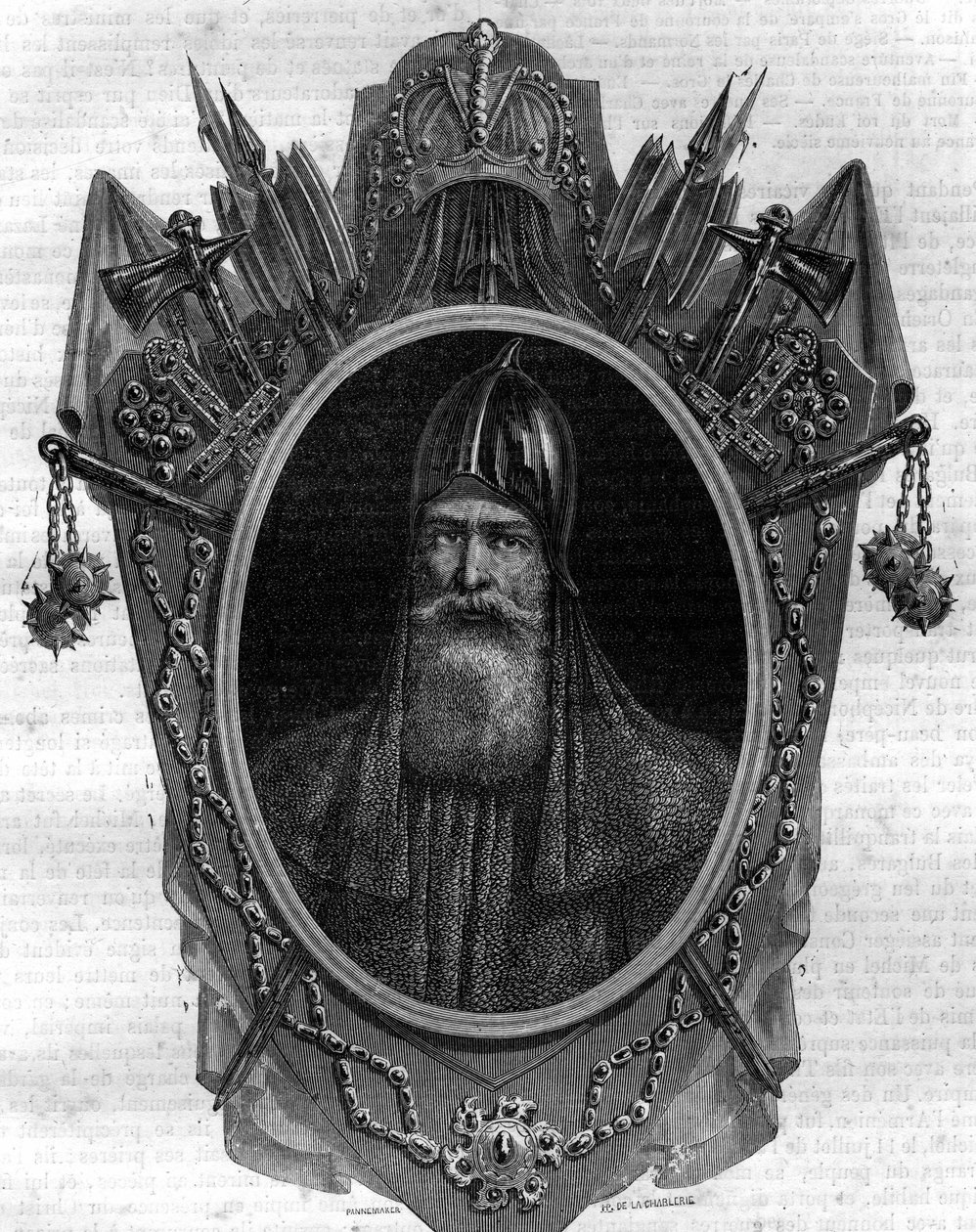 Portrét Igora vévody z Ruska, varegue prince, panovníka „Rus“ v Kyjevě v letech 912 až 945. Rytina v „Histoire des Papes-Rois-Queen and Empereurs a travers les století“ od Maurice Lachatre od French School