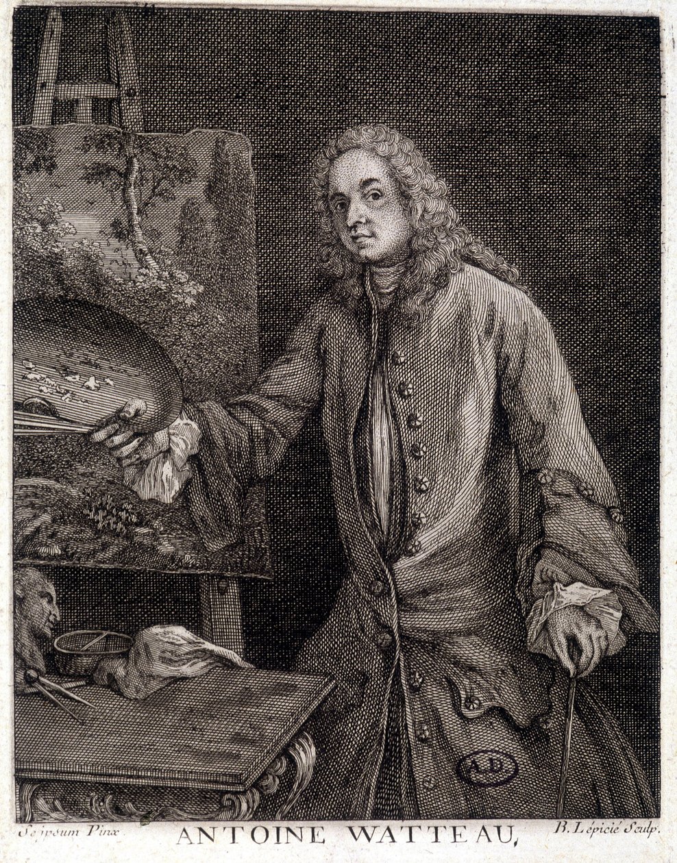 Portrét Jeana Antoina Watteaua (1684-1721), francouzského malíře - rytina od French School