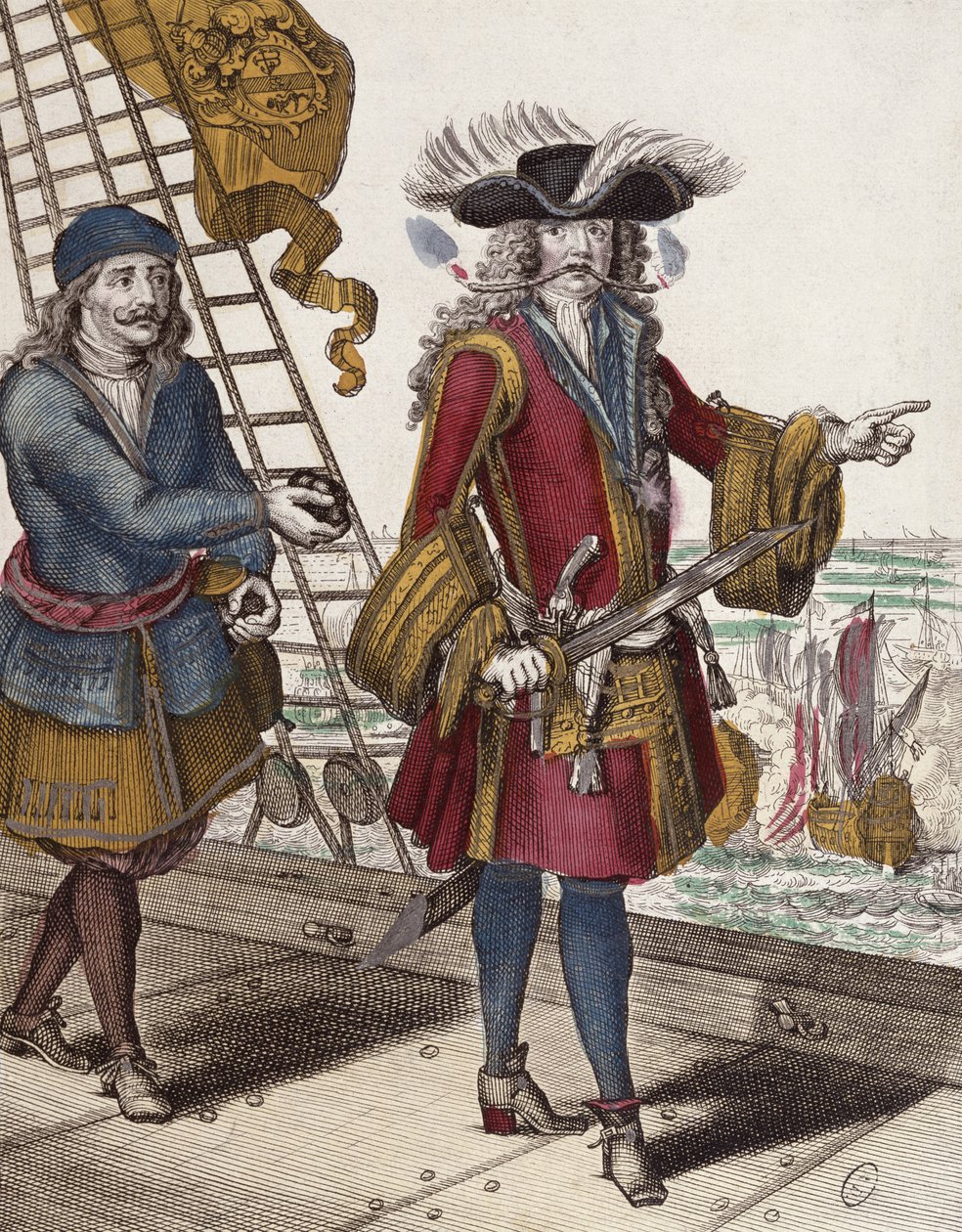 Portrét Jeana Barta (1650-1702) držícího hořící zápalnici v ústech během námořního střetnutí (barevná rytina) od French School