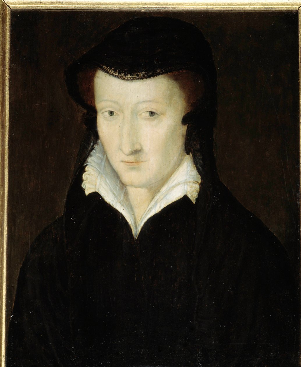 Portrét Johanky z Albretu, suverénní princezny z Bearnu, královny Navarry (1582-1572), matky Jindřicha IV., ve vdovských šatech po roce 1562 cca 1563-1570 Anonymní obraz francouzské školy. 16. století. Ztlumit. 0,18x0,14m. od French School