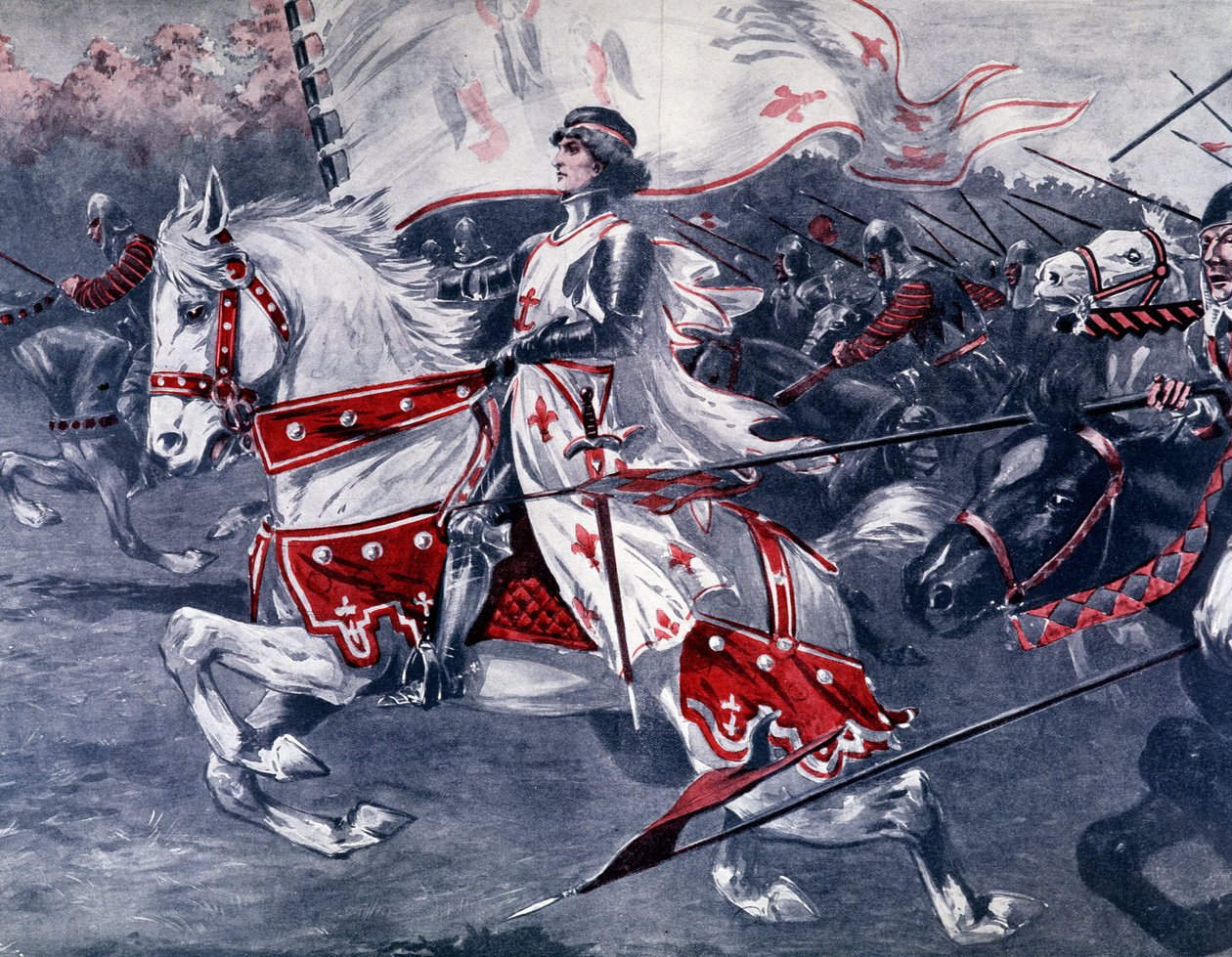 Portrét Johanky z Arku na koni s královskou vlajkou, konec 19. Francie. od French School