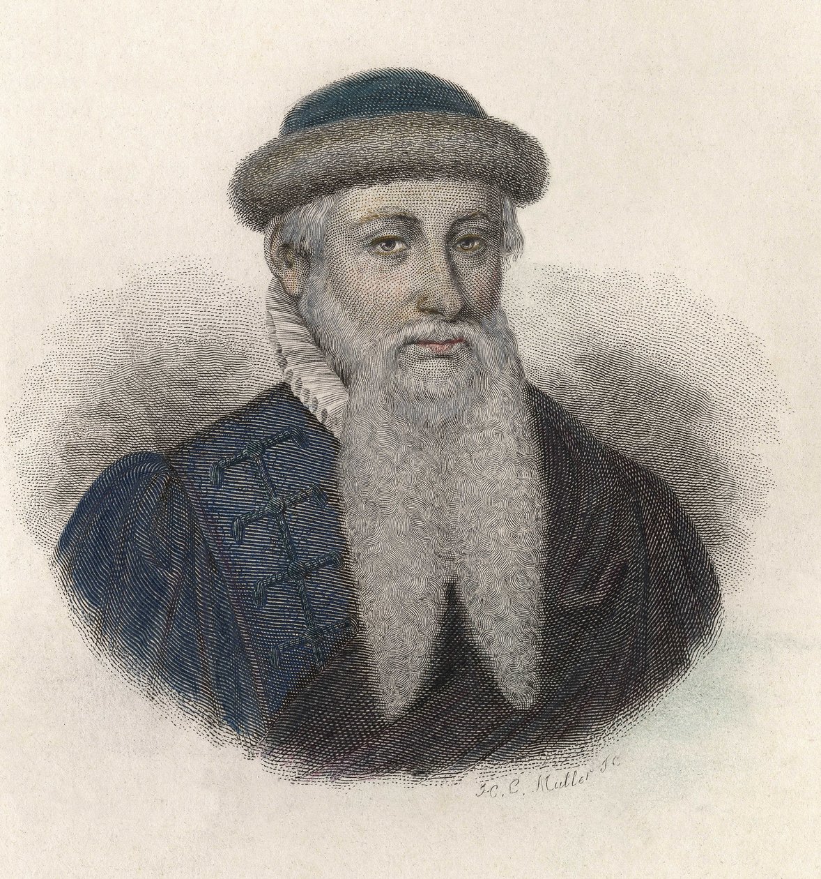 Portrét Johannese Gensfleisch dit Gutenberg (1394/99-1468), německého tiskaře. V ""Portréty užitečných mužů"" od French School