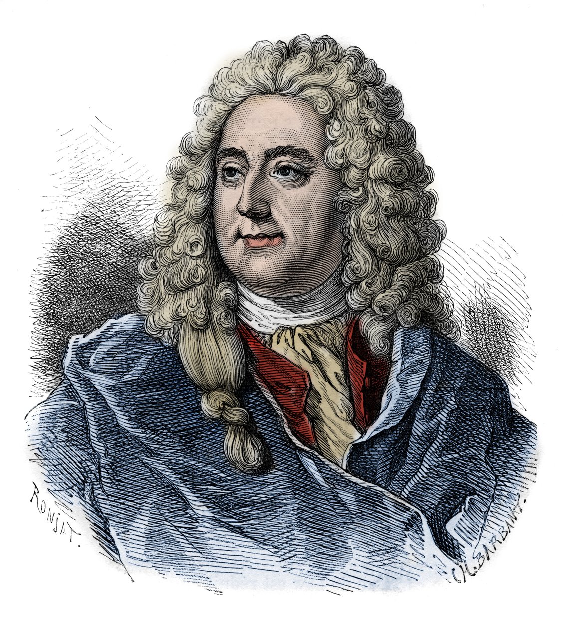 Portrét Johna Lawa (1671 - 1729) finanční kontrolor, skotský finanční odpovědný za bankrot (událost The Rue Quincampoix) - rytina z "" L’histoire de France contee à mes grandenfants"" - od Francoise Guizota - 1872-1876 od French School