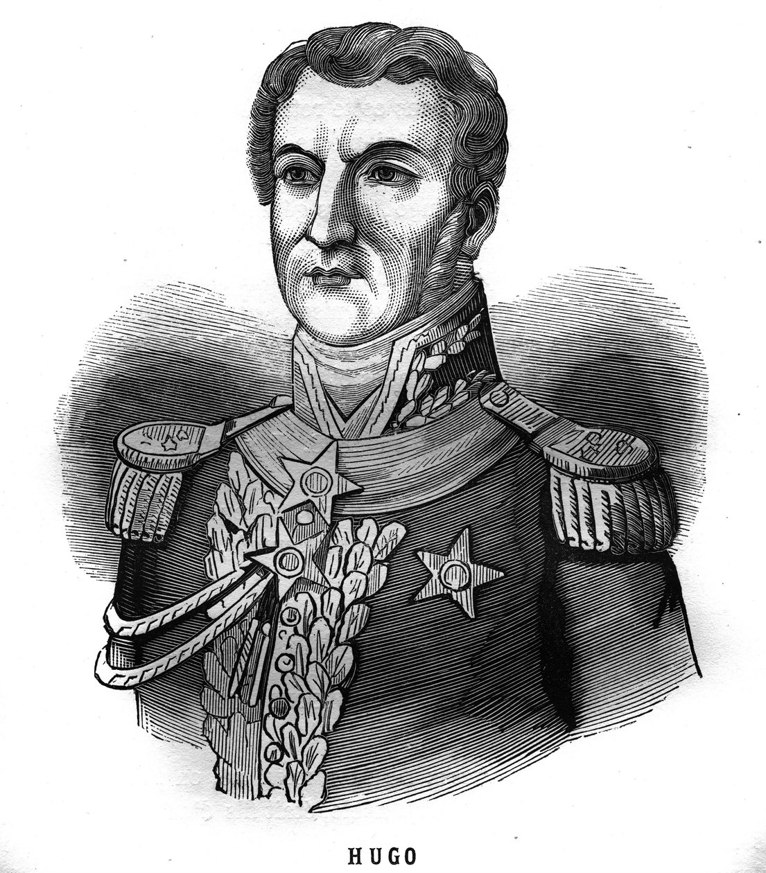 Portrét Josepha Leopolda Sigisberta Huga (1773-1828), generála prvního císařství, otce Victora Huga. Rytina v „Les Illustrations De L
