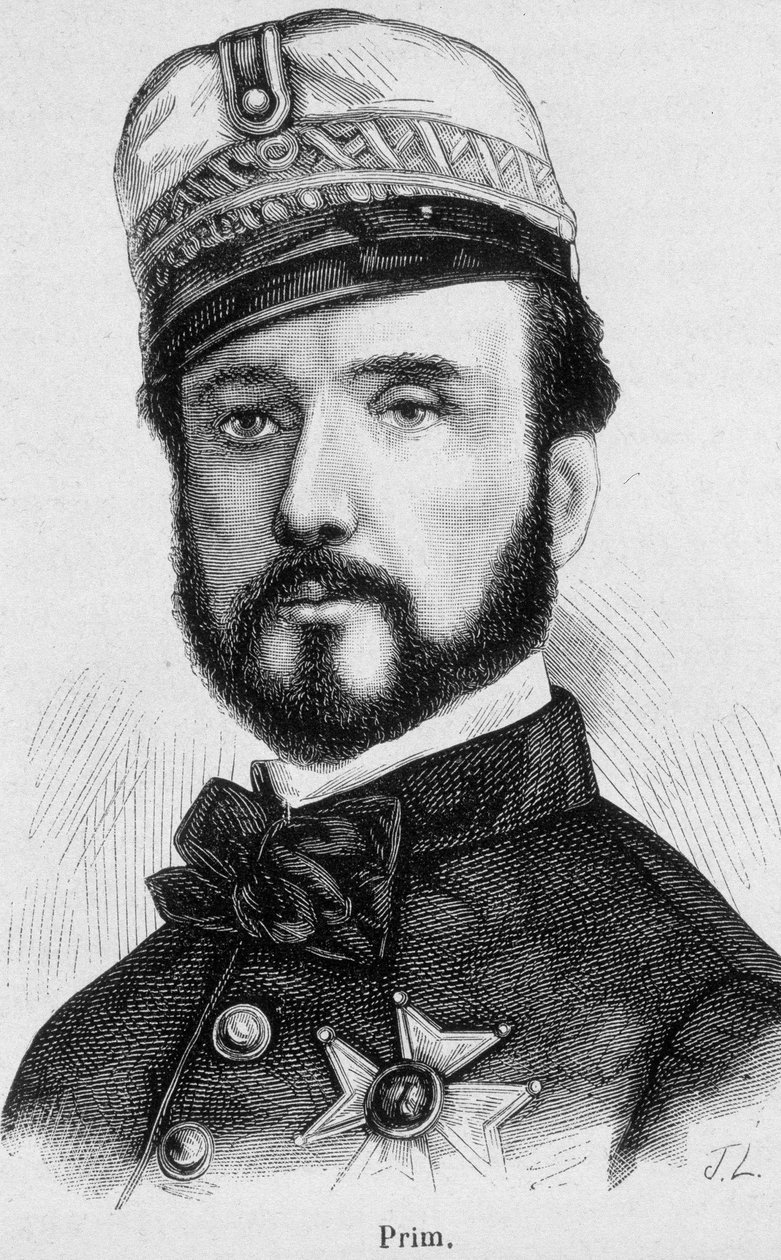 Portrét Juana Prim y Pratse, španělského generála a politika (1814 - 1870) - v „Dějinách Francie“ od Henriho Martina od French School