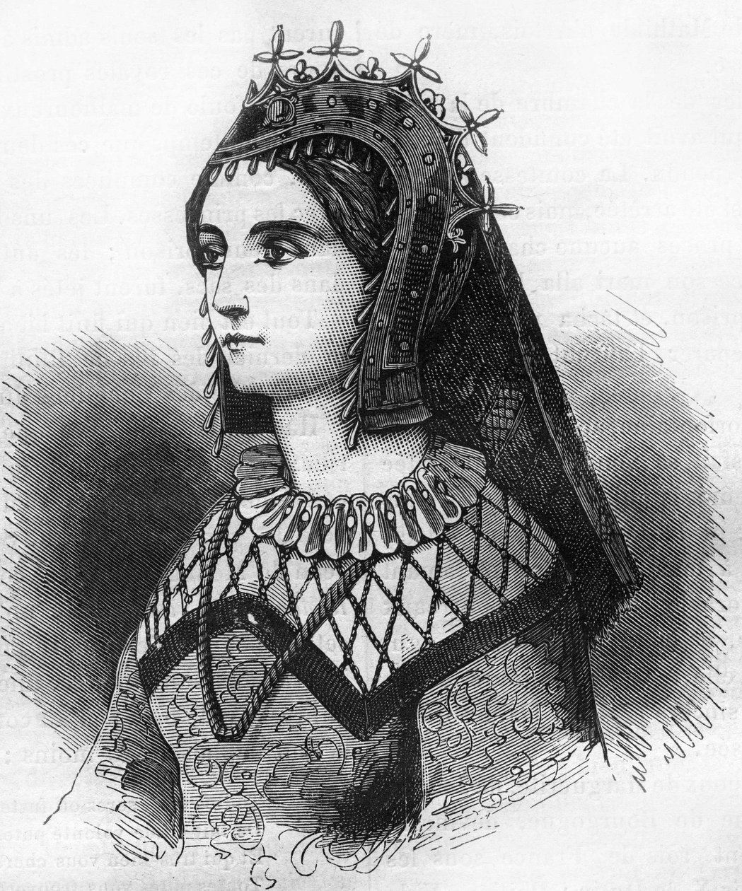 Portrét Judith Francouzské (843-870), královny Wessexu a poté hraběnky z Flander. Rytina do „Historie prostituce a zhýralosti u národů zeměkoule od starověku po současnost““ od Dr. Th.-F. Debray. 1879. od French School