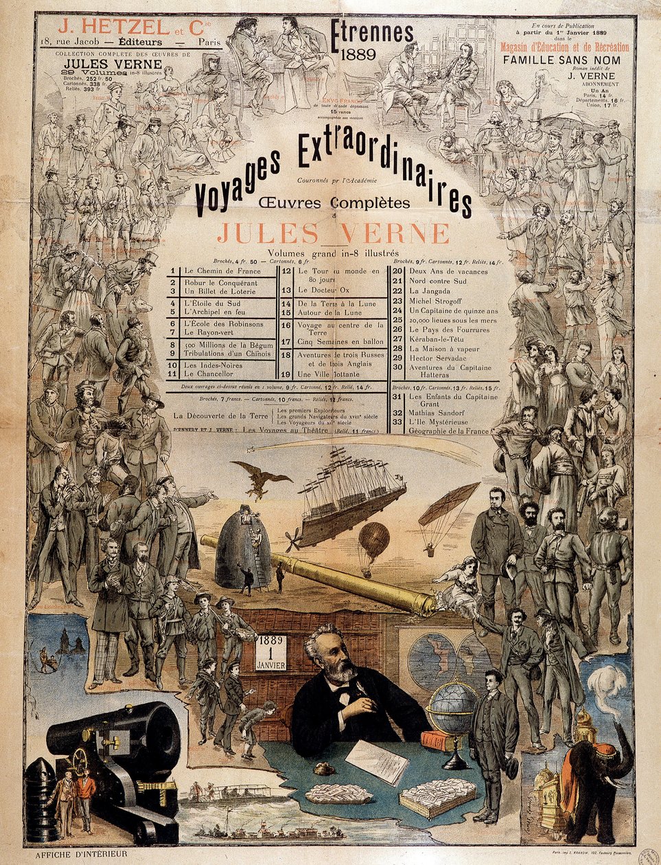 Portrét Julese Verna a výjevy z jeho děl - Reklamní plakát na jeho kompletní dílo od French School