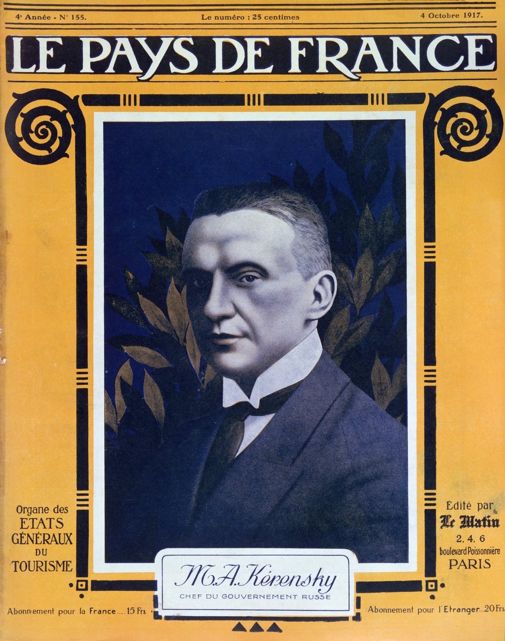 Portrét Kerenského, obálka francouzského časopisu Le Pays de France, 4. října 1917 od French School