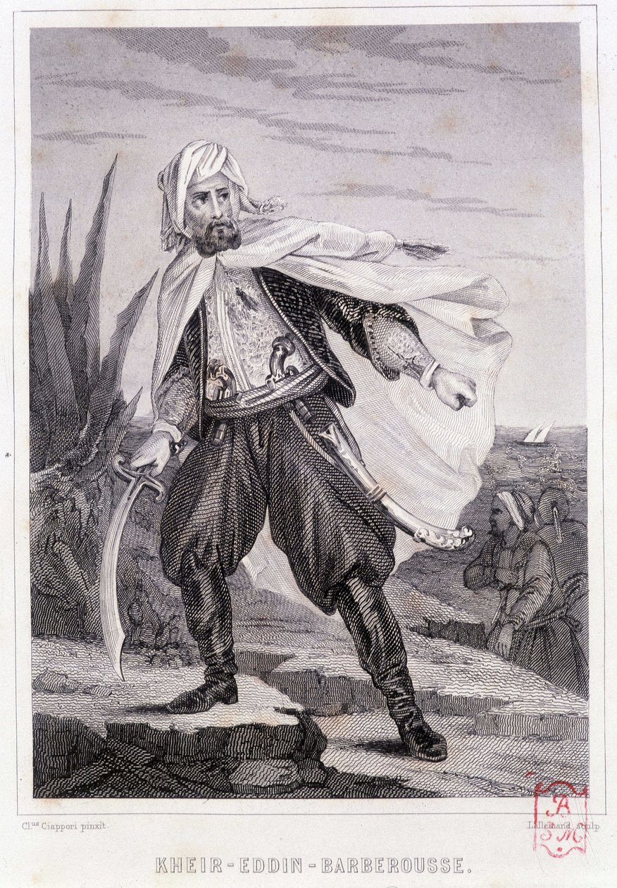 Portrét Kheira - Eddina - Barberousse, tureckého piráta 16. století - v „“Historie pirátů a lupičů oceánu a Středozemního moře““ od P. Christiana, Paris, D. Cavaillés ed., Volume 1 od French School