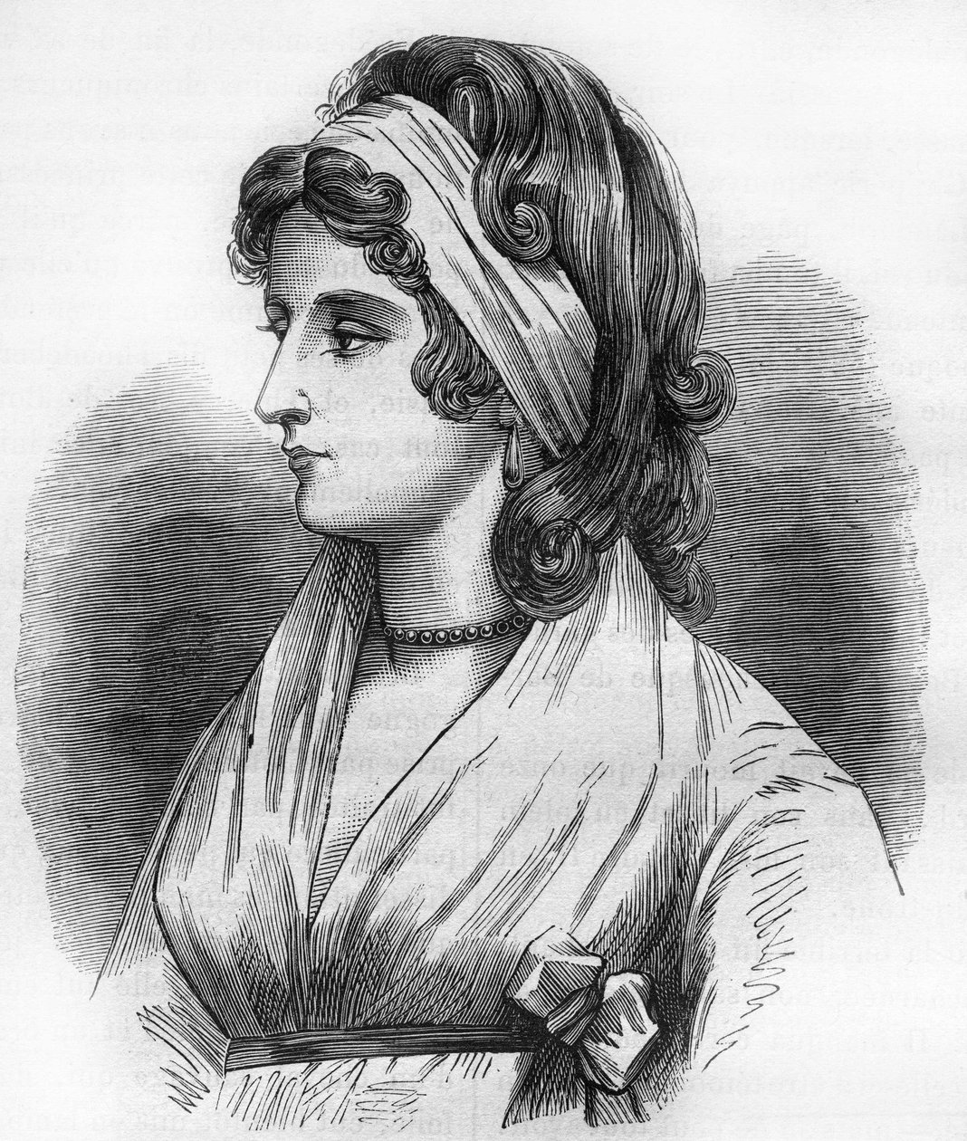 Portrét Lady Hamilton (Emma Lyons) (1765-1815), milenka Horatio Nelson dit admirál Nelson (1758-1805). Rytina do „Historie prostituce a zhýralosti mezi všemi národy světa od starověku po současnost“ od Dr. Th. -F. Debray od French School